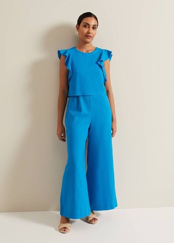 Phase Eight Petite Aubrey Blue Linen Frill Jumpsuit Blue Canada | KAFGCN-458